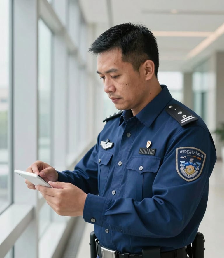 A professional South East Asian inspector in a smart deep blue uniform meticulously checking a surface in a high-end modern building, bright natural lighting, clean and professional atmosphere, soft blue and white tones.
