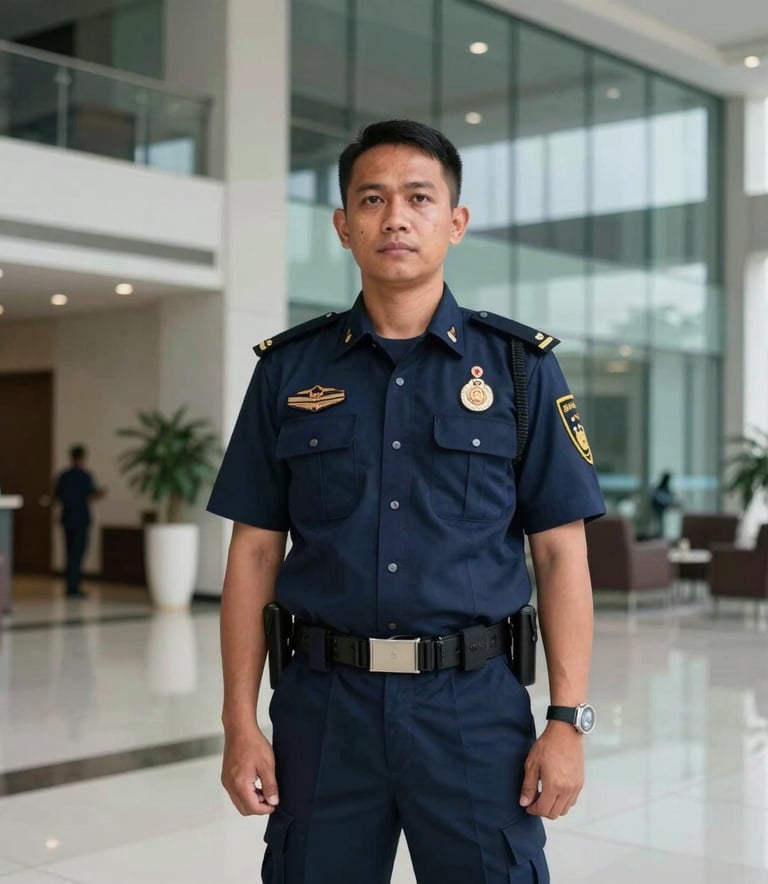 A South East Asian / Indonesian security guard in a professional navy blue uniform standing alertly in a modern building lobby, glass walls, corporate atmosphere.