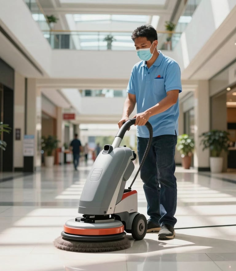 A professional South East Asian / Indonesian cleaning technician wearing a light blue polo shirt and mask, using a high-tech floor polishing machine in a spacious, sunlit mall hallway.