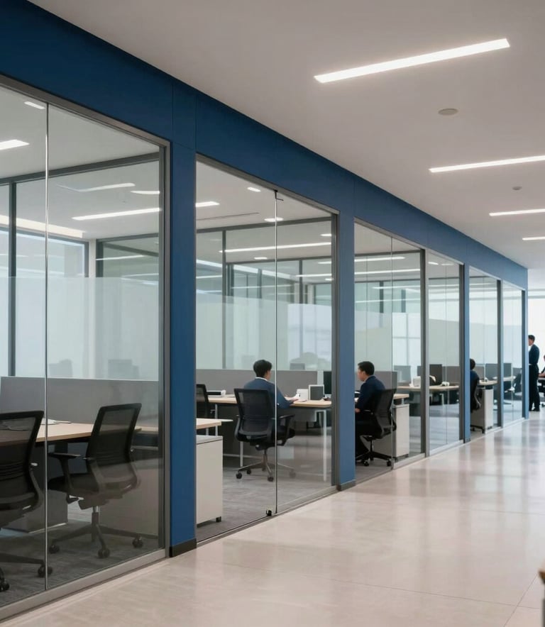 A wide-angle shot of a clean and modern corporate office environment in Indonesia, featuring glass partitions and professional staff in the distance, bright lighting, colors including deep blue and light gray.