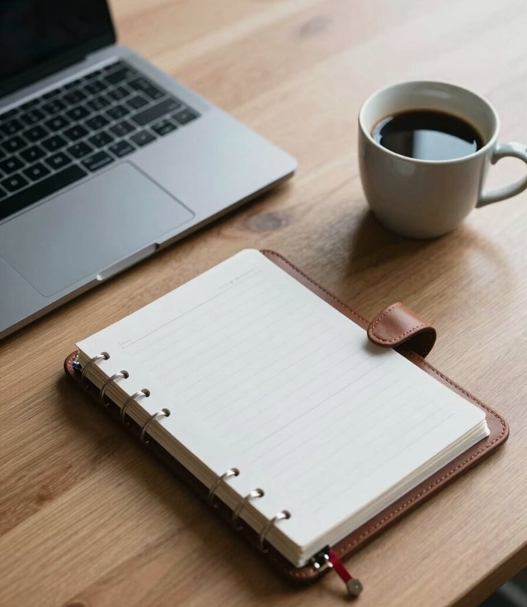 A high-angle shot of a minimalist, organized desk featuring a sleek laptop, a leather planner, and a ceramic cup of coffee. The lighting is soft and natural, emphasizing textures of paper and wood. Colors are muted steel blue and warm sand tones, conveying a sense of professional structure.