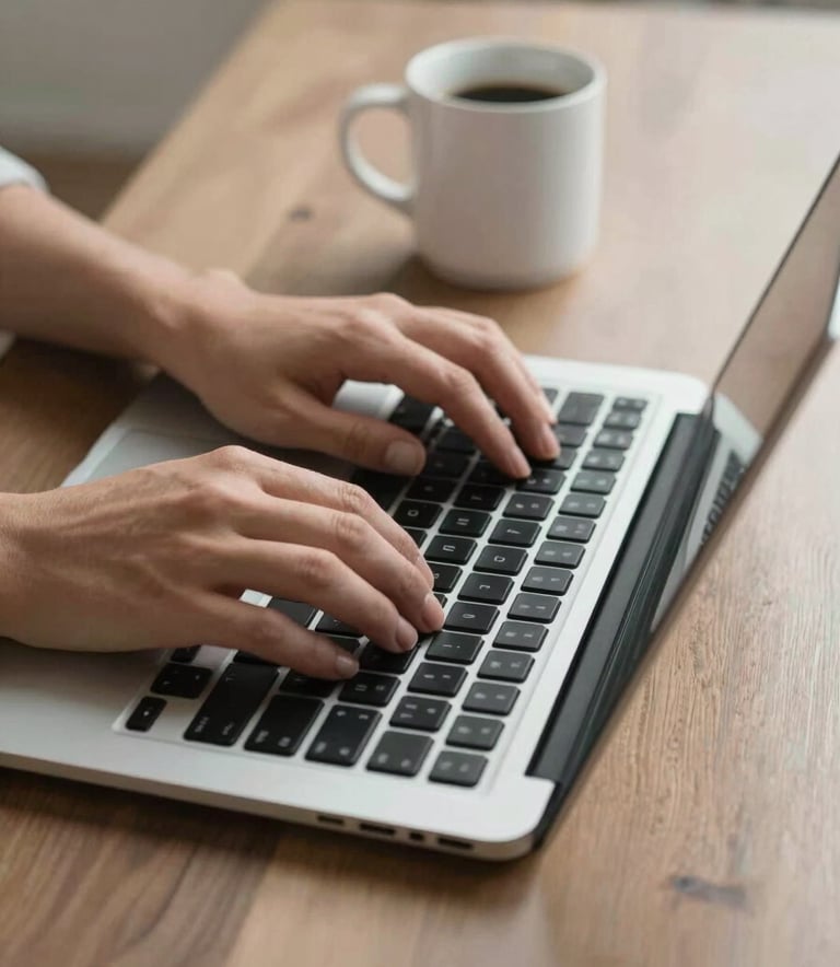 Close-up of hands typing on a high-end laptop on a sandy taupe wooden desk. A pearl white coffee mug sits nearby. The lighting is soft and professional, creating an atmosphere of focused, organized work.