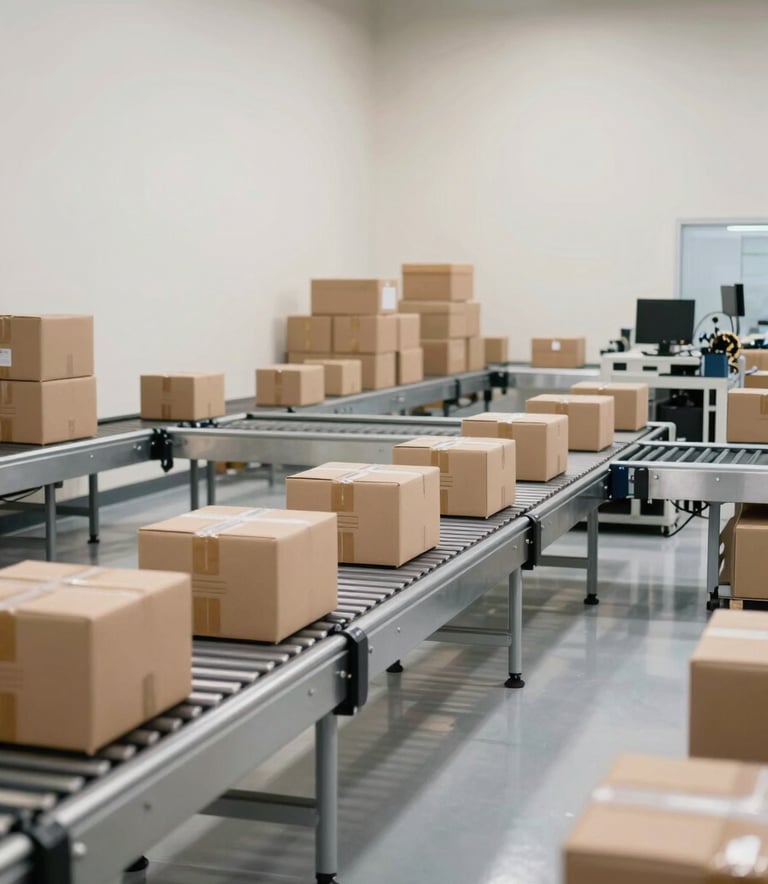 An interior shot of a high-tech North American / US distribution center. The scene is bright and clean with soft off-white walls and polished floors. Automated conveyor systems move neatly packaged boxes, reflecting a sense of modern efficiency.