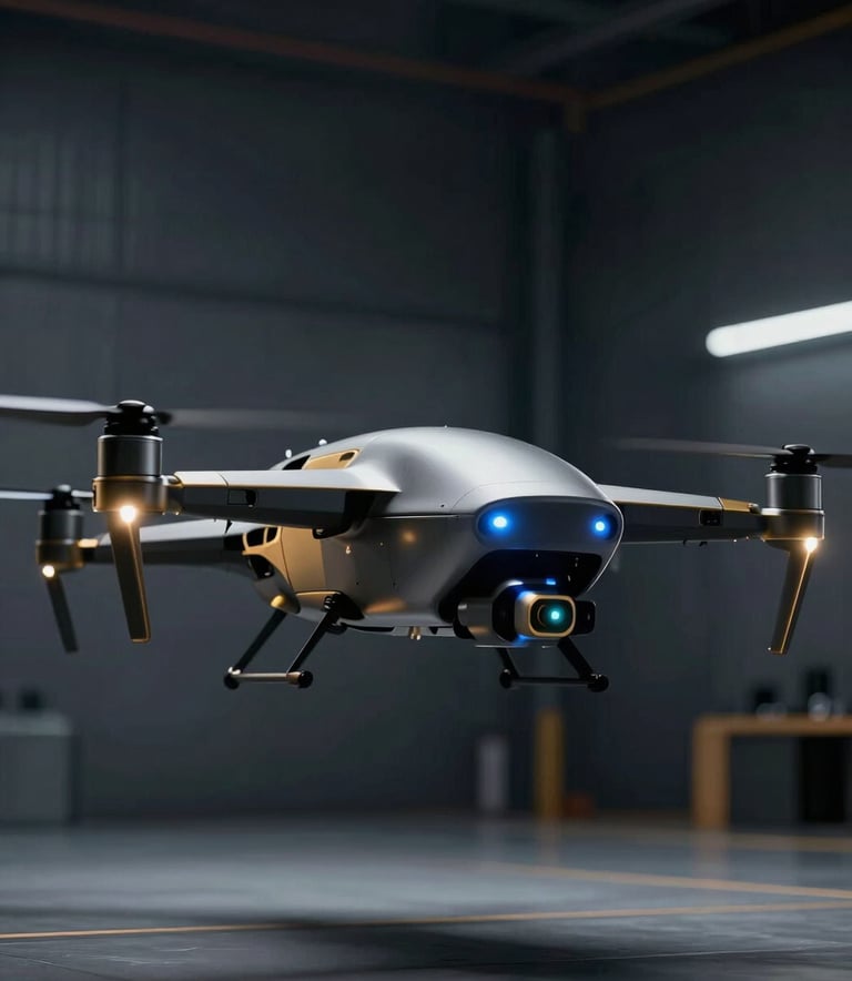 A futuristic high-tech drone with sleek metallic plating and gold accents hovering in a dark, minimalist hangar. The drone features glowing blue and gold sensors. Ultra-modern aesthetic, soft volumetric lighting, palette of #0A0A1A and #B8A066.