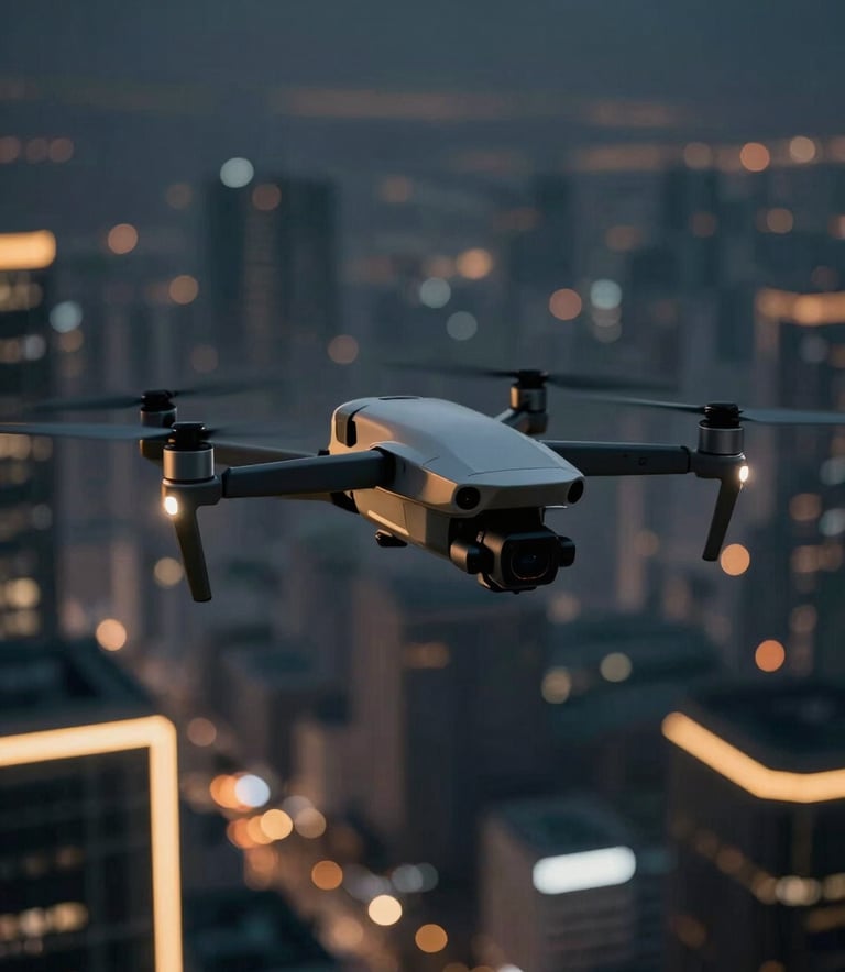 A sleek, high-end professional drone flying over a futuristic city at night, illuminated by golden neon trails. Dark and moody atmosphere using #0A0A1A with #B8A066 light reflections on the metallic surface.