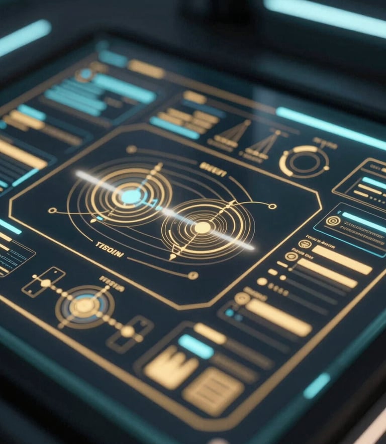 A close-up shot of a sophisticated holographic security dashboard with gold-tinted data visualizations and digital UI elements, reflecting on a polished dark glass surface. Cinematic lighting with subtle neon glows in #F7F9FA and #B8A066 against a #0A0A1A background.