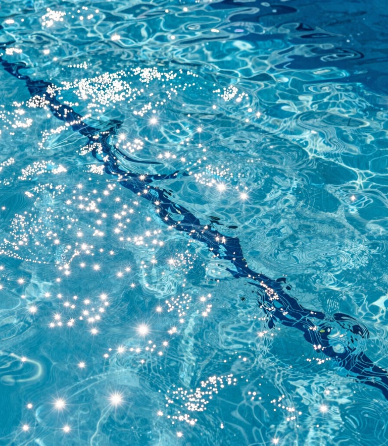 A close-up photograph of sparkling clear blue water in a South Florida residential swimming pool, sunlight glinting off the surface with professional high-definition clarity.