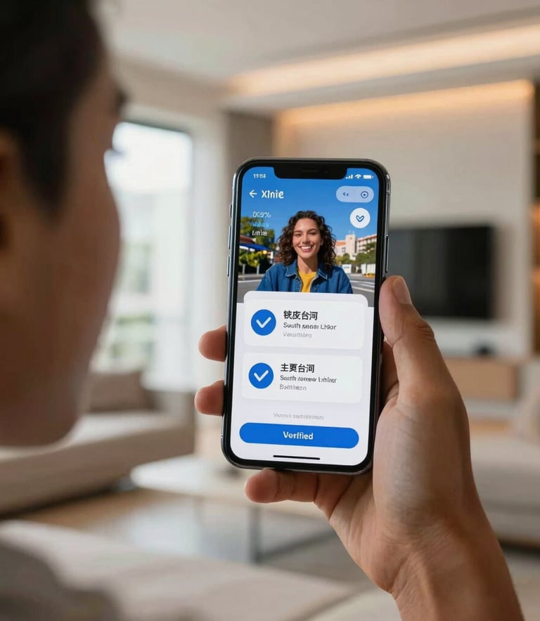 A close-up photograph of a South American / Brazilian consumer smiling and holding a smartphone that displays verified promotional badges, in a bright modern urban home with elegant ambient lighting and subtle orange highlights.
