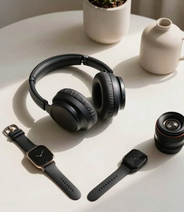 An elegant high-angle photograph of carefully arranged premium products—including sleek headphones, a designer watch, and minimalist home decor—on a clean, off-white surface, beautifully illuminated with natural Brazilian sunlight casting soft shadows.
