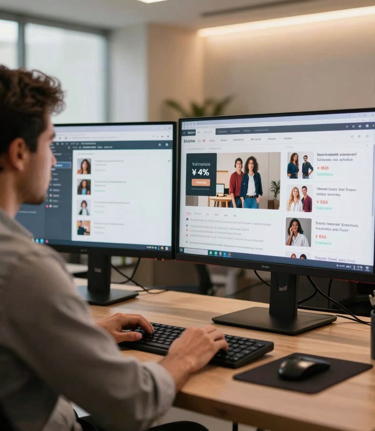 A sophisticated workspace in Brazil where a professional is looking at high-definition displays showing retail performance and validated deal listings, with bright energetic warm lighting in a sleek room.