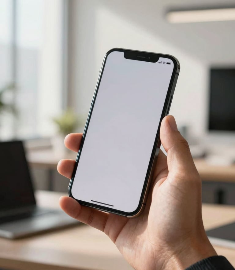A detailed macro photograph of a person's hand holding a high-end smartphone, showcasing a clean, modern interface in a bright, sun-drenched Brazilian office space with crisp details and natural morning light.
