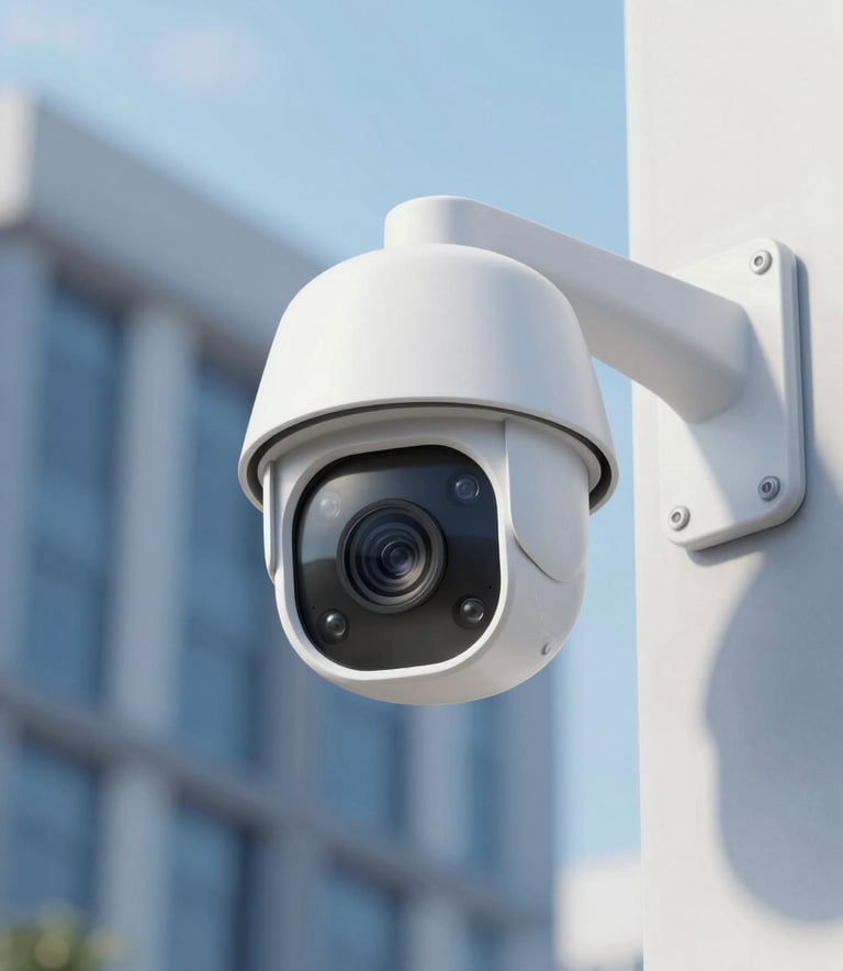 A close-up of a modern, sleek white IP security camera mounted on a professional building exterior. The sky in the background has a soft blue hue matching #9BB6D5. The image conveys reliability and high-tech protection.