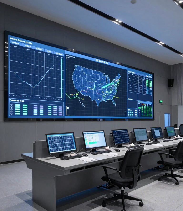 A wide-angle photography shot of a state-of-the-art smart grid control center in the United States. The environment is minimalist and high-tech, featuring large illuminated data screens showing clean energy distribution maps. Professional and authoritative atmosphere with slate grey and electric blue lighting.