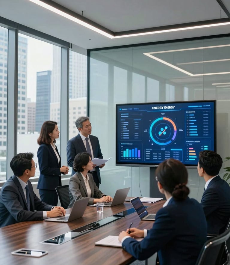 Professional business team analyzing energy data and analytics on a digital display in a modern office.