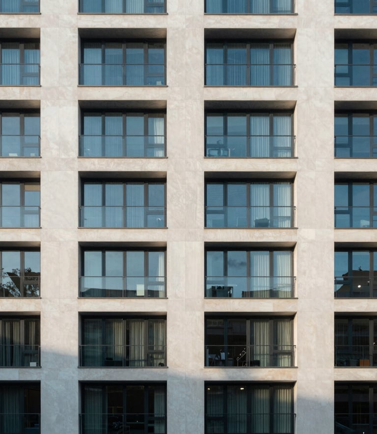 A crisp, architectural photograph of a high-end apartment complex facade in the United Kingdom, using muted blue and off-white tones, late afternoon lighting.