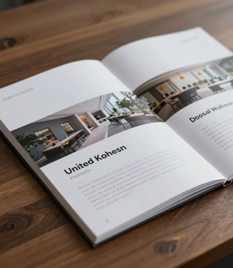 Close-up of a high-quality property portfolio brochure on a polished wooden desk, sophisticated soft lighting, Off-White and Cool Gray color palette, United Kingdom.