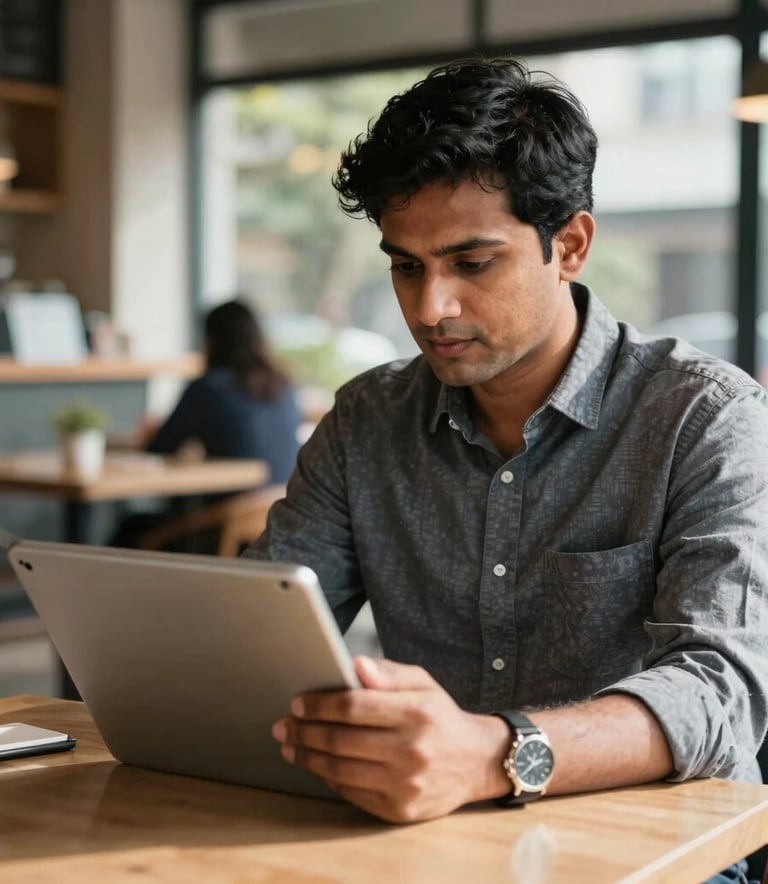 A South Asian professional reviewing financial articles on a tablet while seated in a contemporary, sun-drenched cafe in Bangalore, focused and empowered.