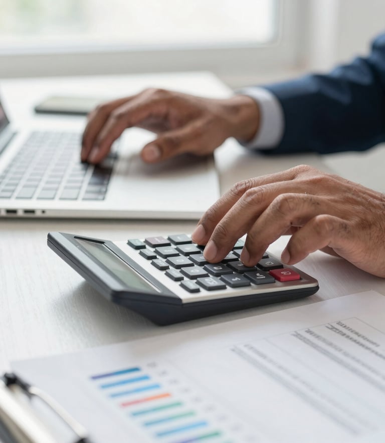 A close-up photograph of a professional's hands in a brightly lit South Asian office, using a calculator alongside organized financial documents and a laptop, reflecting a clean and modern workspace.
