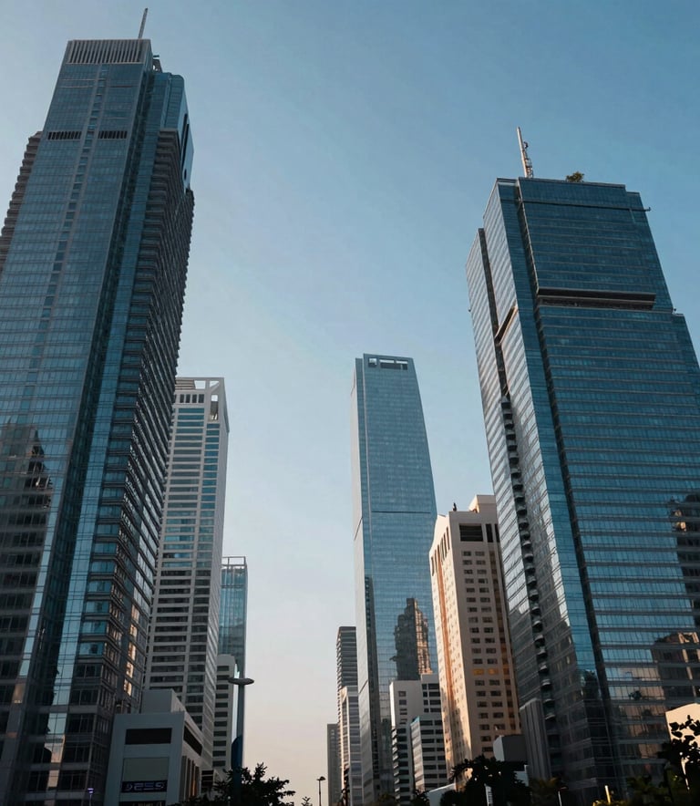 A daylight landscape photograph of a bustling financial district in an Indian metropolis. Sleek glass skyscrapers reflect the clear blue sky. The composition is wide and cinematic, conveying a sense of growth and a modern, professional economic environment.