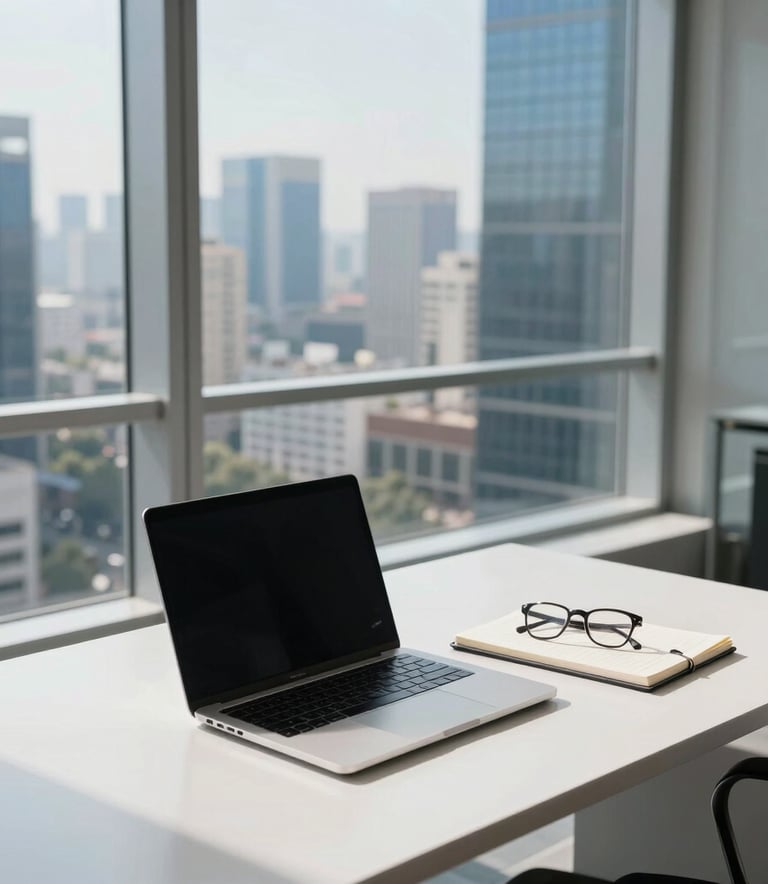 A high-angle photograph of a bright, modern office in a South Asian city. A clean desk features a laptop, a notebook, and a pair of spectacles. In the background, large windows reveal a blurred urban landscape of a financial district under a clear morning sky. The lighting is crisp and professional, using a palette of near white and deep blue tones.