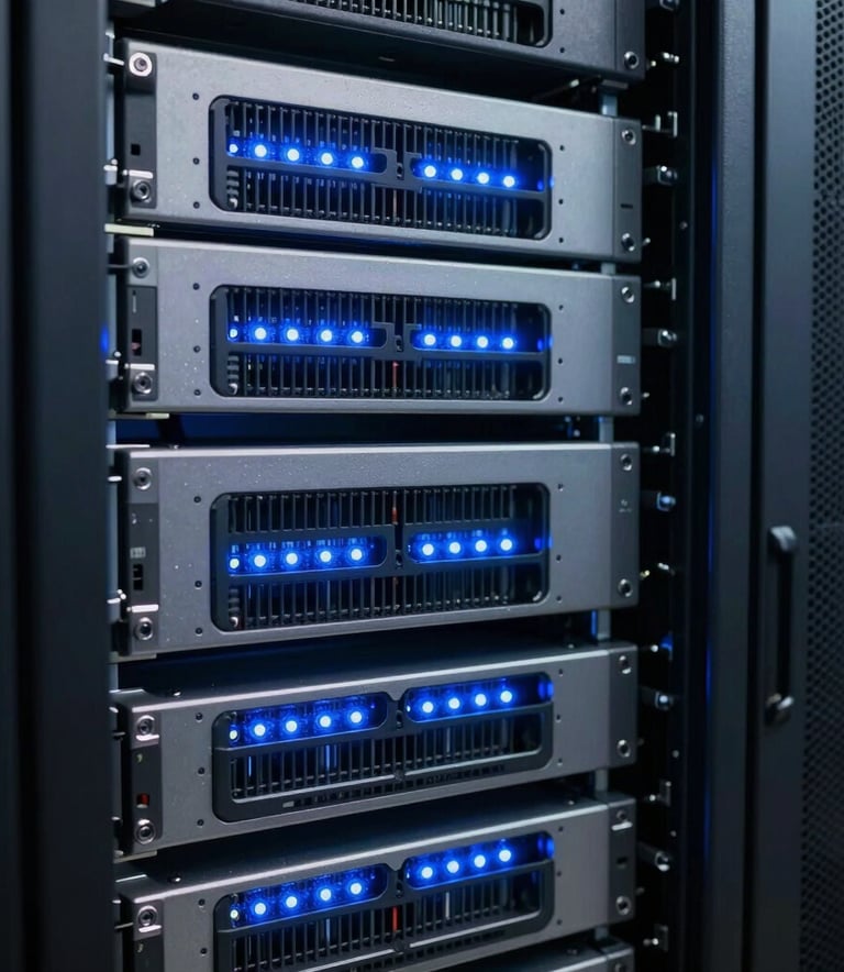 A close-up photograph of high-end server racks in a North American data center, glowing with soft blue LED lights, conveying reliability and high-performance security.