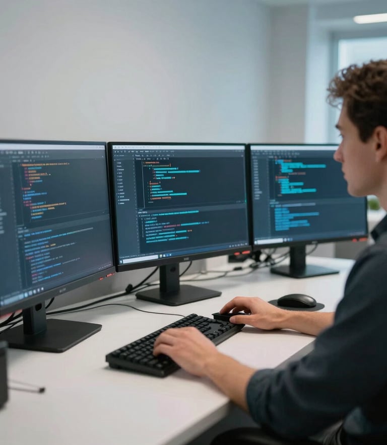 A professional North American web developer working in a clean, high-tech workspace with multiple monitors showing code, sophisticated lighting with hints of blue and pale blue tones.
