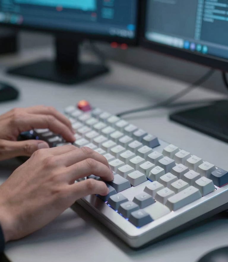 Close-up photography of a professional's hands typing on a high-end mechanical keyboard, soft focus on a dual-monitor setup in a tech-forward North American office environment, lighting in steel blue and frost white tones.