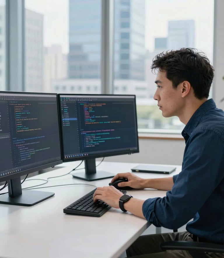 Modern office setting in North American city, two professional web developers collaborating at a minimalist desk with high-end monitors showing clean code, bright natural lighting, sophisticated atmosphere, palette colors including navy and pale blue.