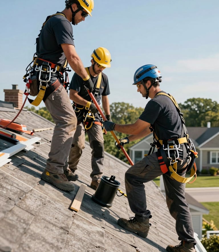 A professional roofing crew in North American work attire, wearing safety harnesses, collaborating on a residential roof replacement during a clear sunny day.