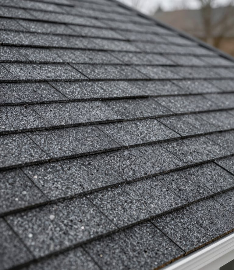 Close-up photography of high-quality architectural shingles in charcoal grey, showing texture and precision installation on a North American home, soft natural light.