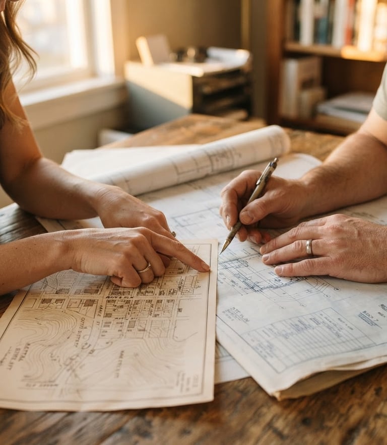 Close-up of hands reviewing physical blueprints and historical neighborhood maps on a solid oak table, soft warm golden-hour side lighting