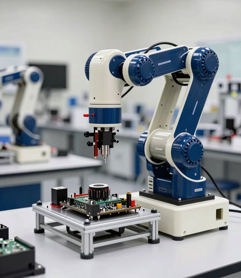 Photography of a modern robotics assembly on a clean workspace. High-precision tools and electronic components are arranged neatly. The lighting is bright and professional. European / Spanish educational laboratory setting. Colors feature deep blue and off-white accents.