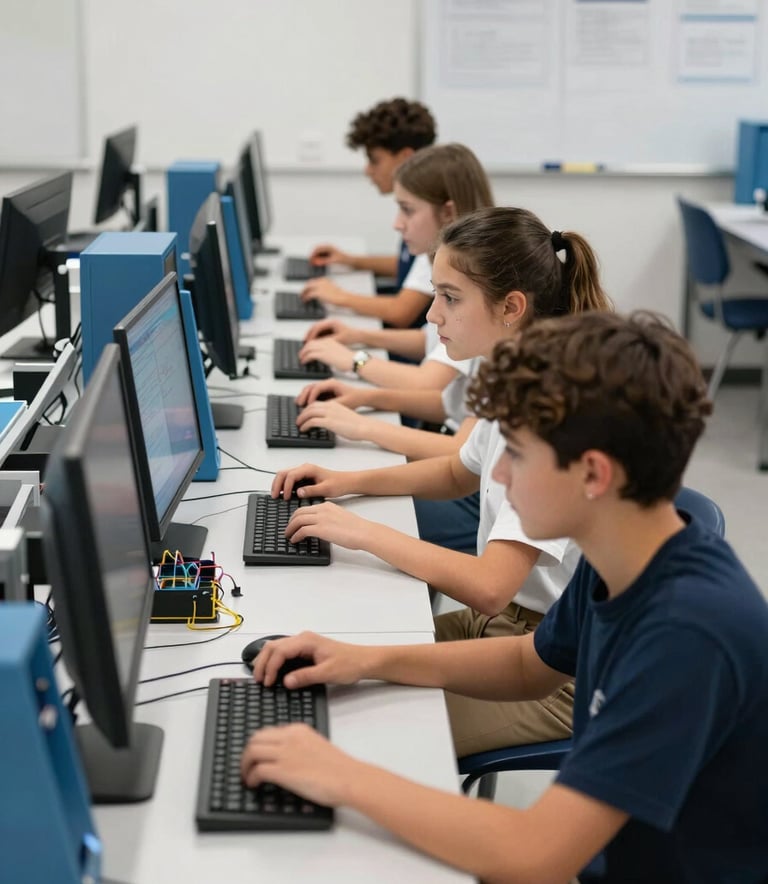 A group of secondary school students in a Spanish computer lab, focused on an engineering project. The setting is bright and modern, featuring tech equipment with navy blue and light blue accents. European / Spanish context.