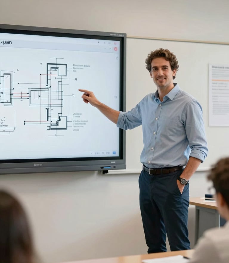 Photography of a professional male instructor in a bright, modern secondary school classroom in Spain. He is standing confidently next to a digital screen showing engineering blueprints. Soft natural light, clean lines, professional European / Spanish attire.