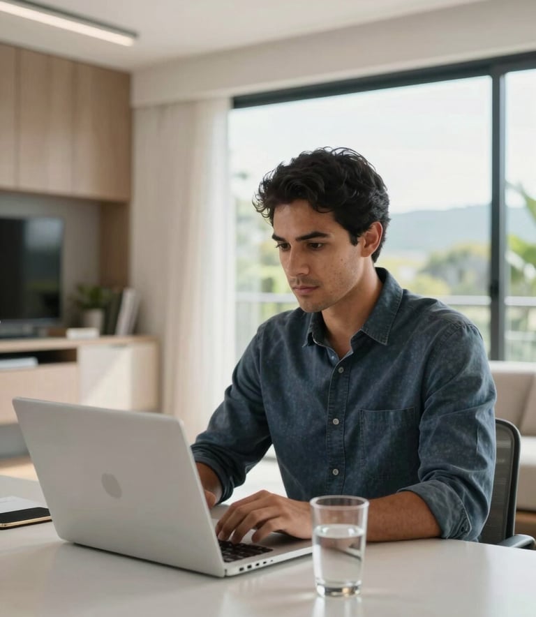 A South American professional working with focus in a modern, brightly lit home office. The setting is clean and organized, featuring a sleek laptop and a glass of water on the side. The lighting is natural, coming from a large window typical of Brazilian modern architecture.