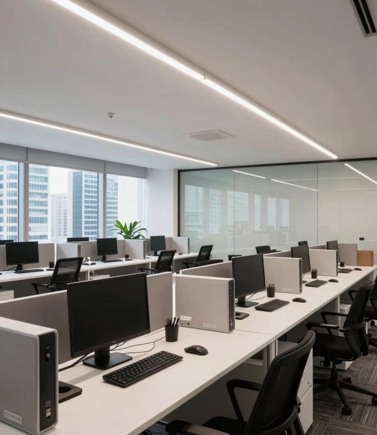 A professional wide-angle shot of a clean, contemporary office space in a Brazilian business district. The composition highlights orderly workstations with modern equipment under bright, efficient LED lighting, reflecting a reliable and professional corporate atmosphere.