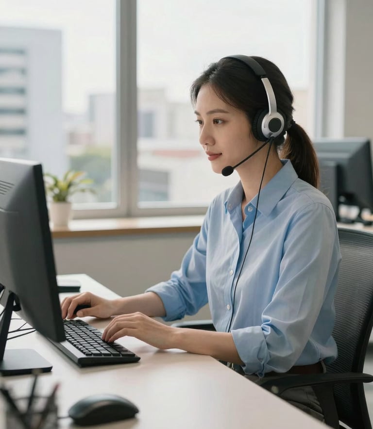 A high-quality, professional photograph of a modern call center environment in a Brazilian city. The scene is bright and airy, with soft daylight streaming through large windows. The focus is on a clean workstation with advanced communication equipment, emphasizing efficiency and technological reliability. The color palette incorporates soft blue and off-white tones.