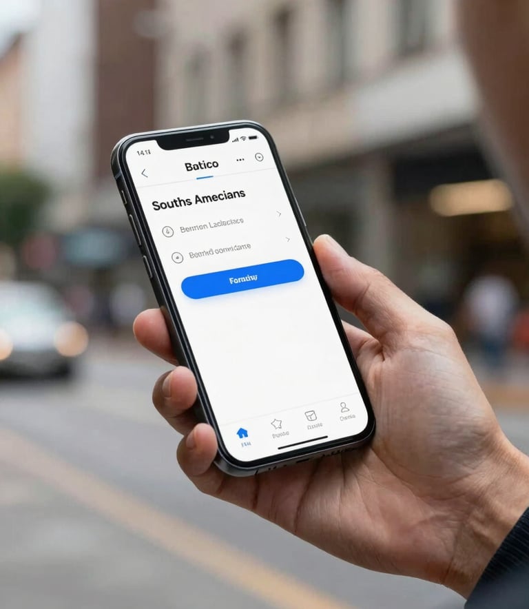 Action shot of a professional hand holding a high-end smartphone in a modern South American urban setting, showing a clean interface for a service app. The lighting is crisp and modern, emphasizing digital connectivity and remote assistance.