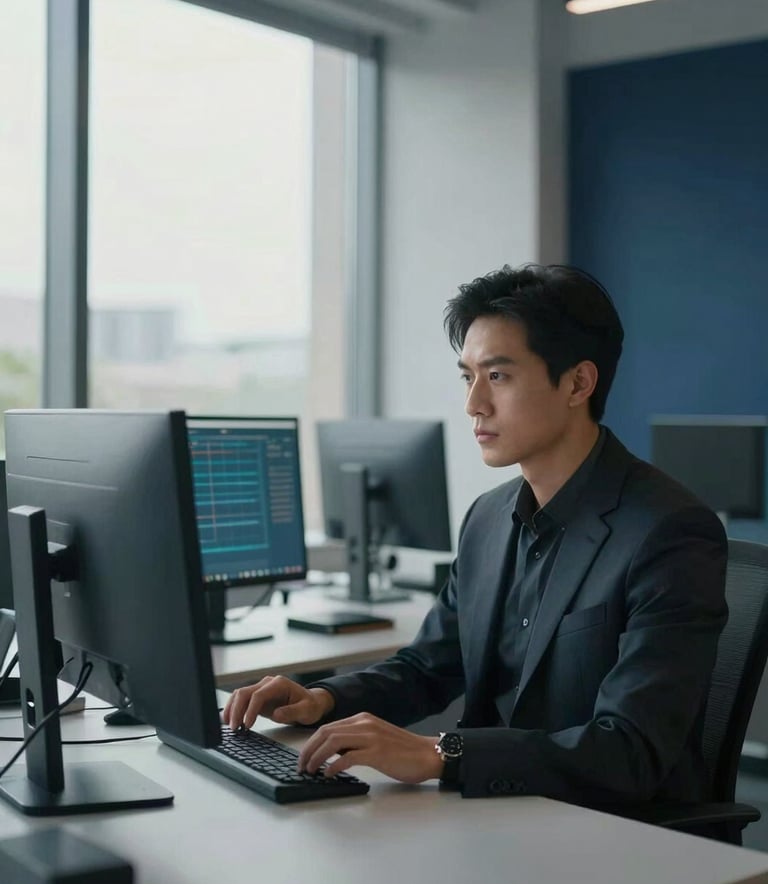 A focused professional in a modern North American office workspace, using a high-resolution multi-monitor setup. The environment is minimalist and clean, featuring steel blue and deep navy accents in the decor. Soft afternoon light filters through the window, creating an authoritative and calm mood.