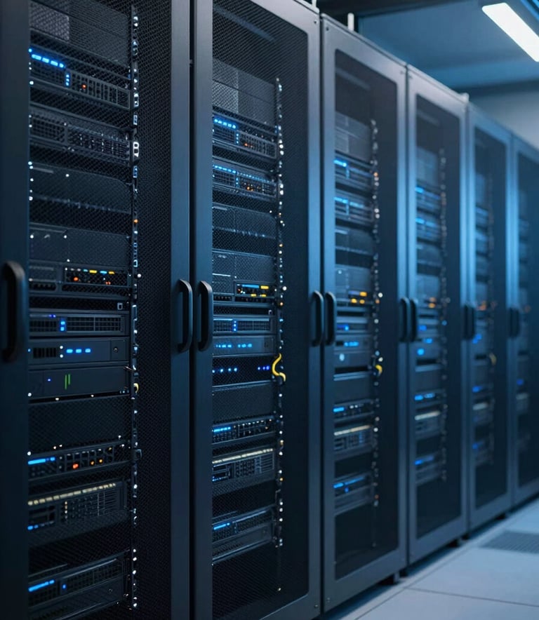 A high-tech server room in a North American data center with rows of sleek equipment cabinets. The lighting is a cool navy and medium blue, creating a professional and futuristic atmosphere.
