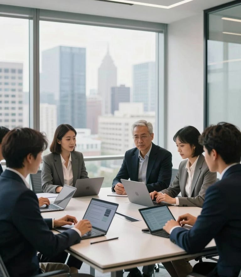 A collaborative meeting in a bright, modern North American office. Professionals in business casual attire sit around a sleek conference table with tablets and laptops, framed by large glass windows overlooking a city skyline. The lighting is soft and natural, emphasizing a professional and focused atmosphere.