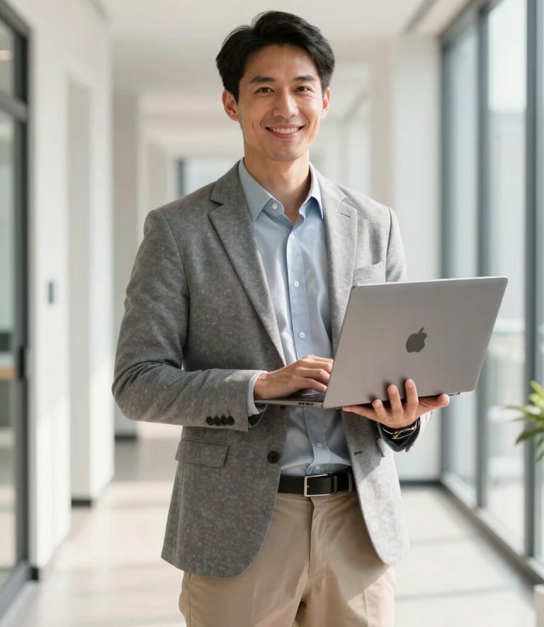A professional IT consultant in business casual attire standing in a bright, modern North American office hallway. They are holding a sleek laptop and smiling confidently. Bright, off-white natural lighting.