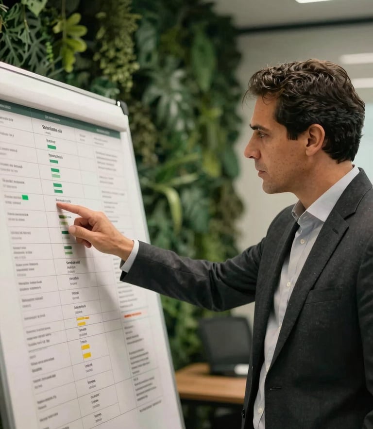 A professional South American / Brazilian mentor pointing at a strategy board in a modern office, featuring deep forest green and soft off-white tones, focused and prestigious atmosphere, high-end photography.