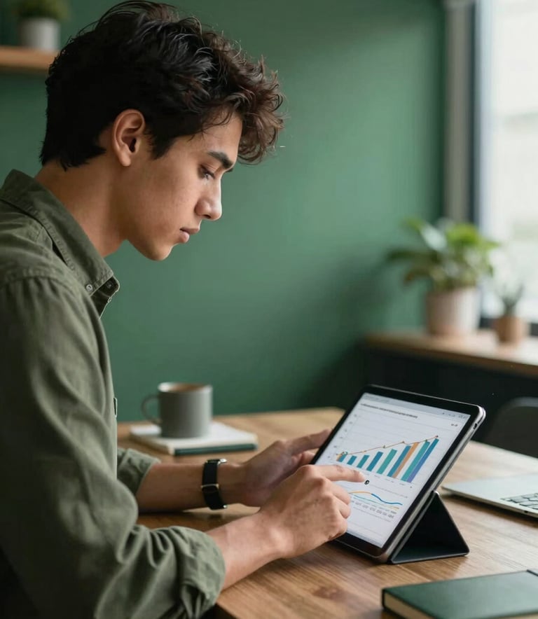 An executive analyzing business growth charts on a tablet in a modern South American / Brazilian workspace. The environment features deep pine green and muted moss green decor.