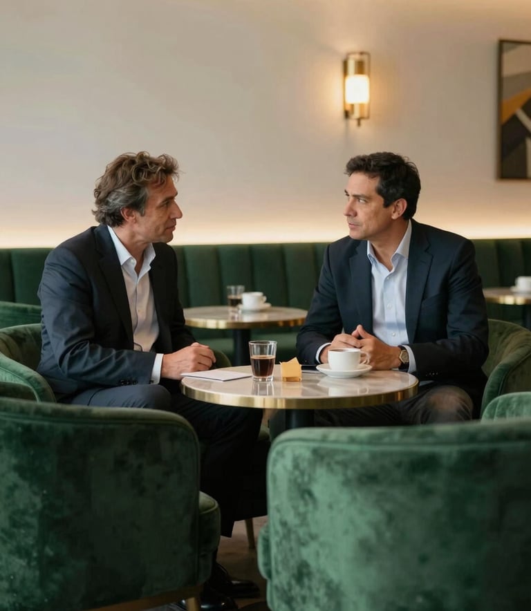 Two professionals discussing high-level strategy in a prestigious South American / Brazilian lounge. The setting is luxurious with deep pine green furniture and soft mist white walls, illuminated by warm, cinematic lighting.