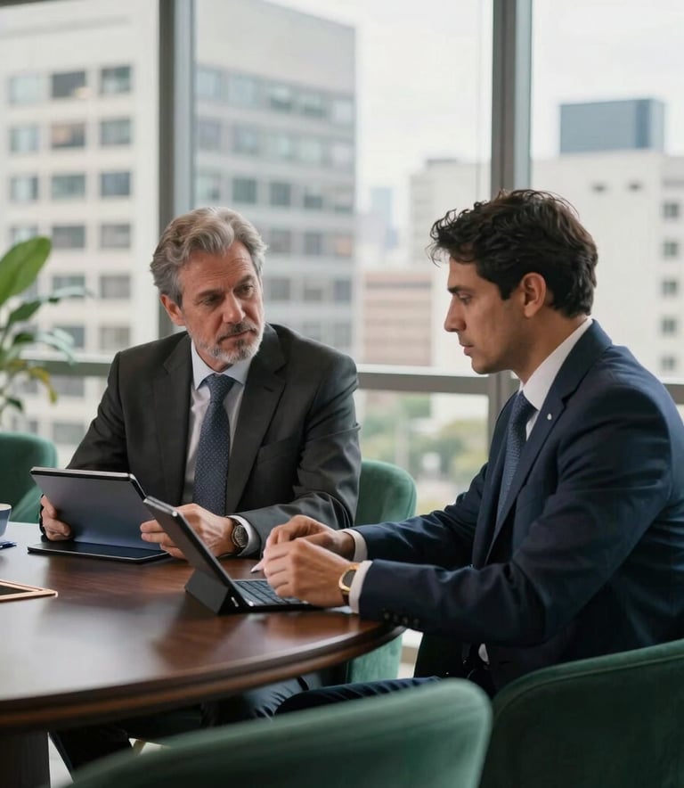 A high-end meeting room in a South American / Brazilian city, two sophisticated entrepreneurs discussing profit margins over tablets, natural light, dark emerald green furniture accents, cinematic lighting.