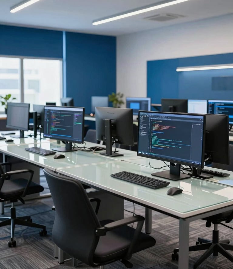 A wide, bright shot of a modern North American software development studio. Sunlit glass desks are equipped with high-performance workstations and multiple monitors showing complex code. The interior design features deep blue and alice blue accents, creating a professional and innovative atmosphere.