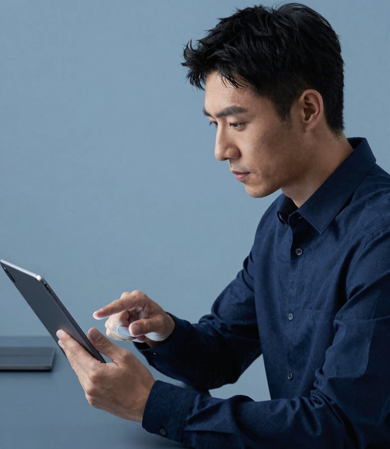 A focused developer in a modern North American / US office environment interacting with a high-resolution Android tablet. The aesthetic is minimalist with alice blue and dark navy tones reflecting technical precision.