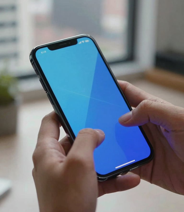 A dynamic close-up of a mobile game being played on a high-end smartphone in a North American / US urban loft. The screen reflects vibrant light blue and deep blue game interface light on the user's hands.