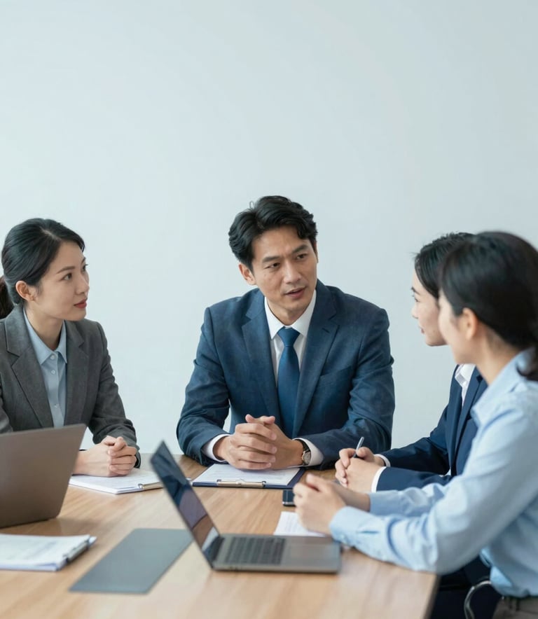 A professional team of consultants in formal business attire discussing strategy in a bright boardroom. The composition is clean and trustworthy. The color palette includes #3F6C8A and #9CC0D9 in the background elements.